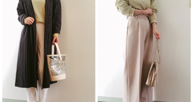 無印良品のワッフルTシャツ1990円。今旬くすみグリーンで大人の春コーデ