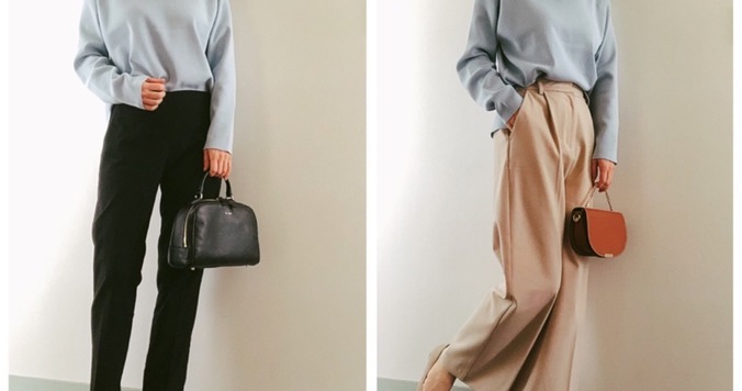 オペークの使える春ニット2990円。旬のライトブルーで大人のパンツコーデ