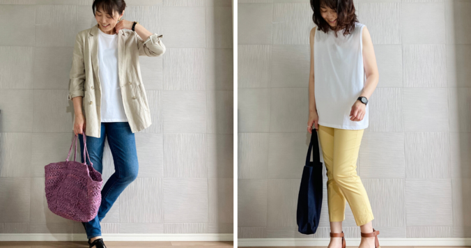 ユニクロのコットンノースリーブTシャツが着回し力抜群！