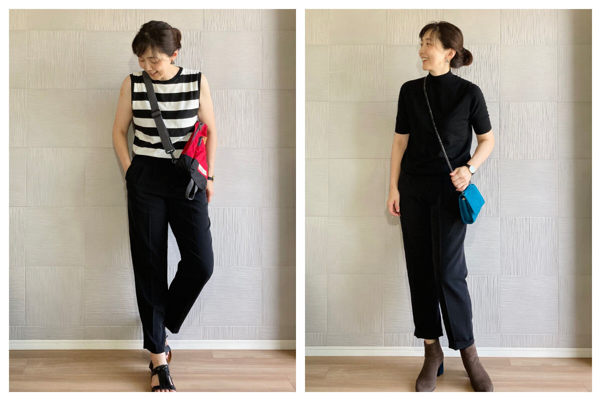 【ユニクロ】逸品!ブラックパンツで40代のカラーバッグコーデもうまくいく