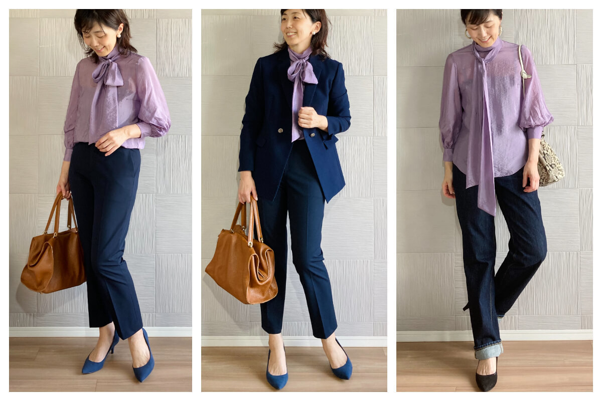 プチプラを高見えさせるワンアイテム! 40歳からのボウタイブラウスコーデ