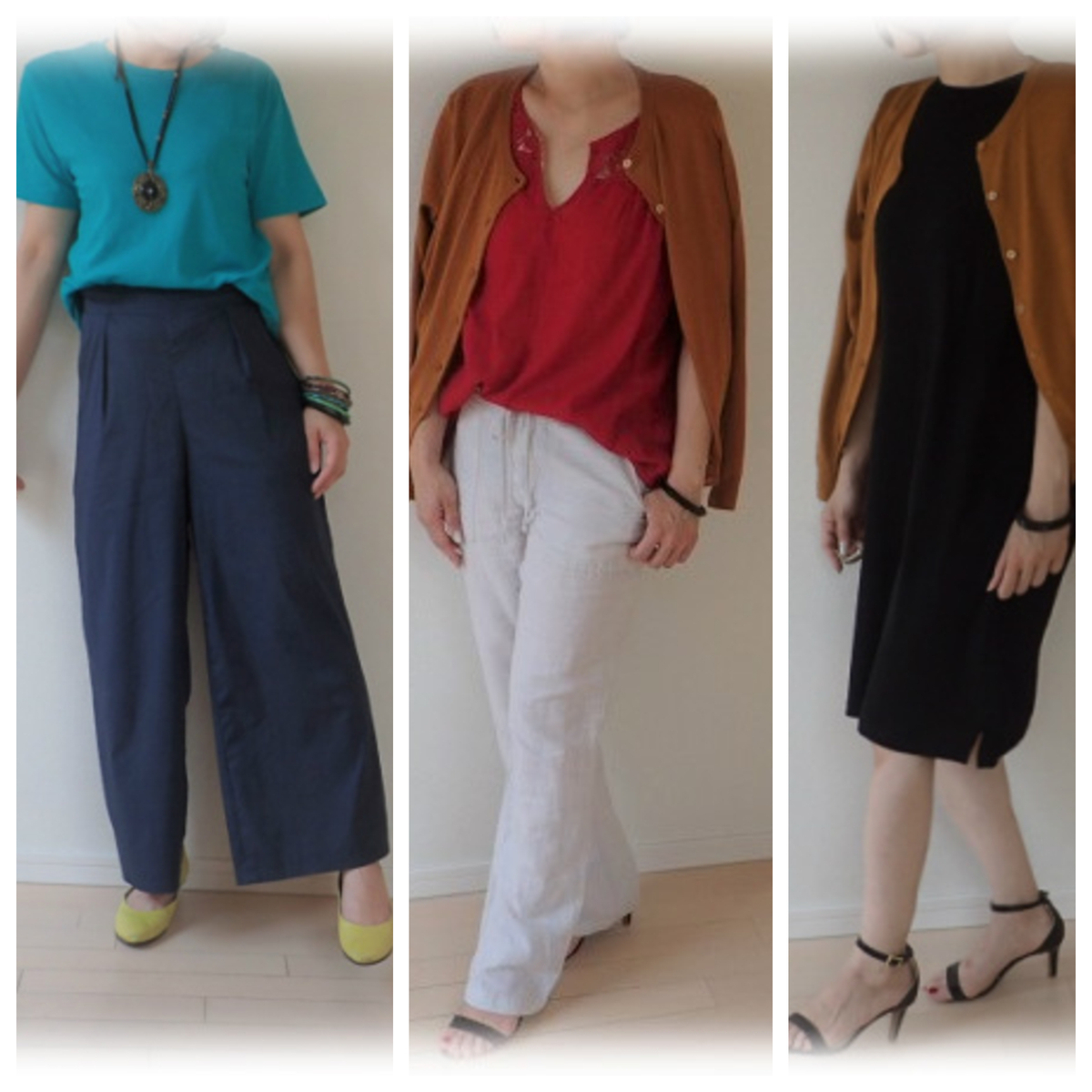 1枚で旬コーデ。GUのカラーTシャツ、カーデがあればいい