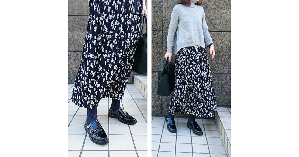 抜け感のある足元はネイビーかグレーのタイツで作る!