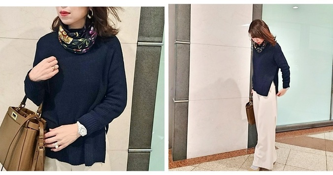 旬のボリュームニット、華奢見えのコツはIラインを意識すること