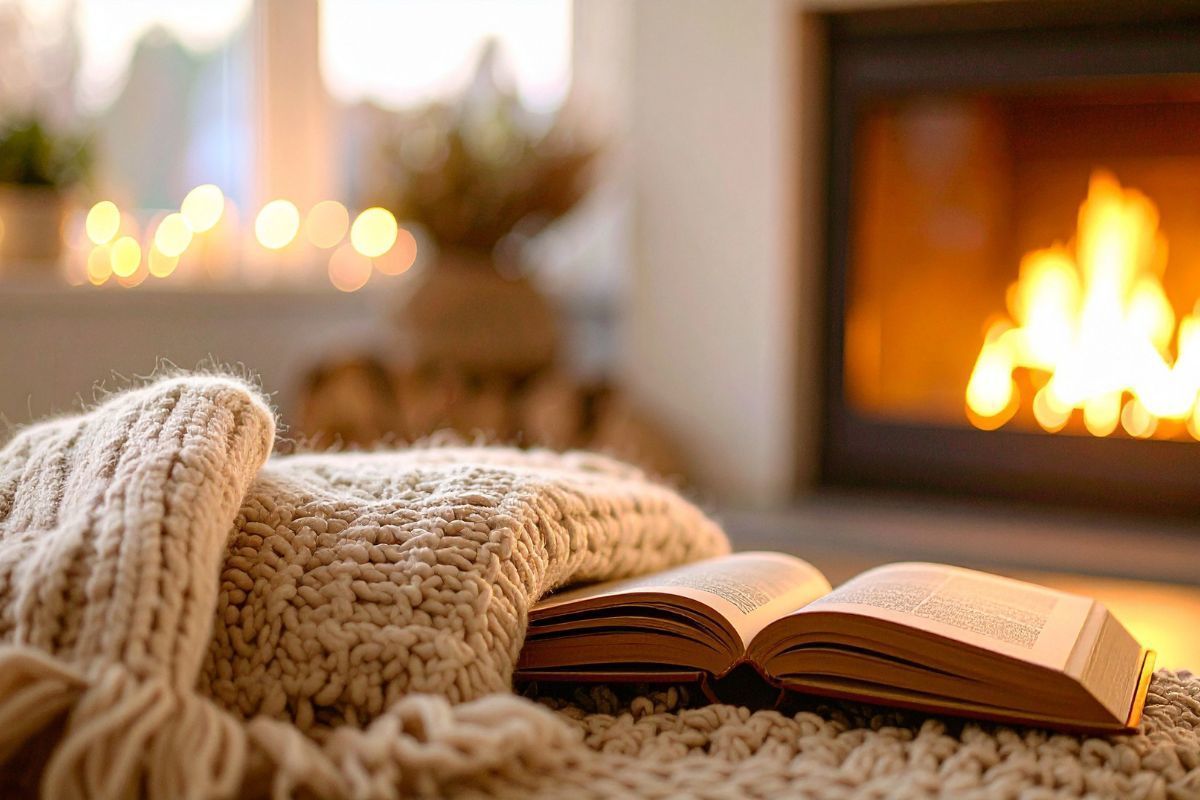 暖炉の前に置かれた本とファブリック