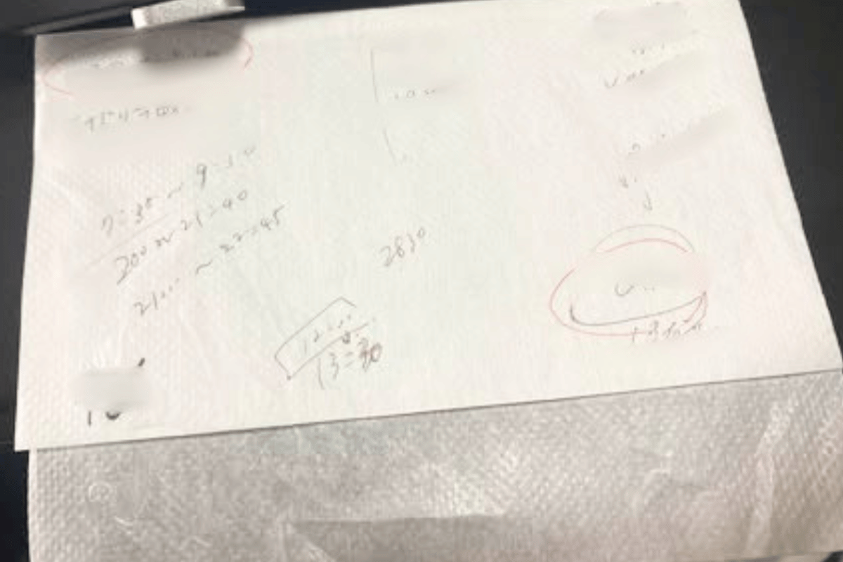 勝友美さんが紙ナプキンに手書きした数字やメモ書き。裏紙にメモする習慣を写した一枚